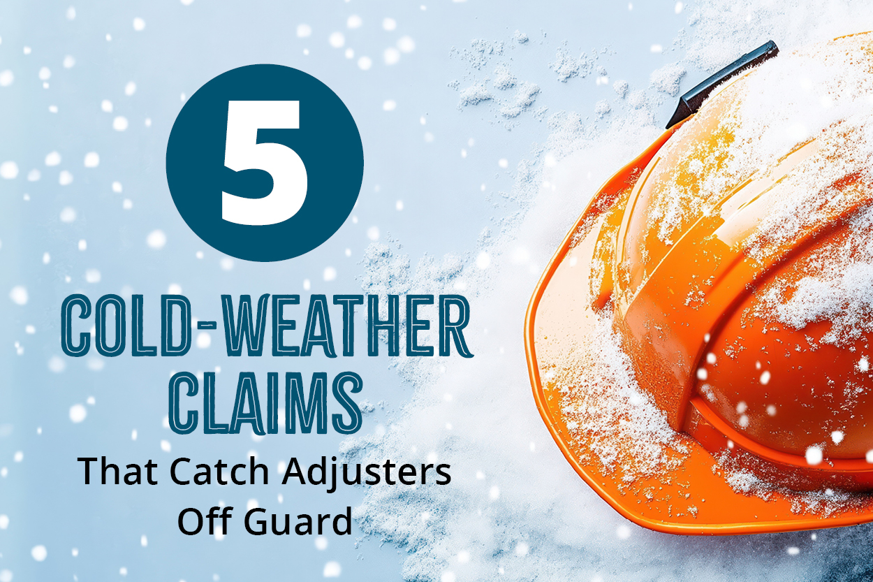 Orange construction helmet covered in snow next to bold text reading ‘5 Cold-Weather Claims That Catch Adjusters Off Guard’