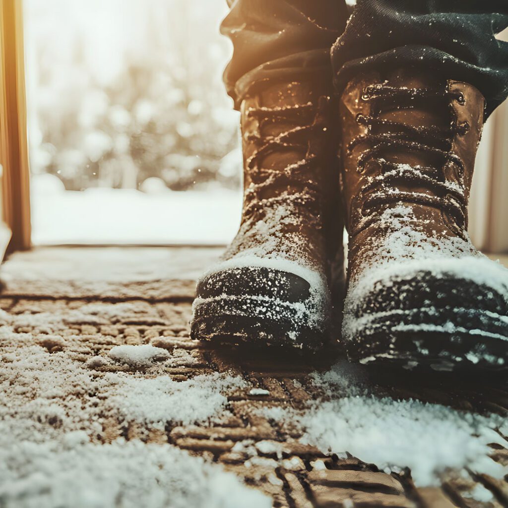 Close-up of snow-covered winter boots on a doormat, symbolizing cold-weather challenges for homeowners.